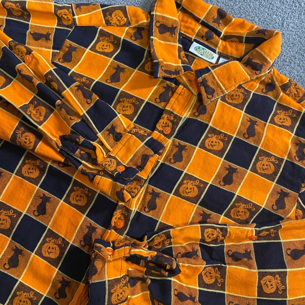 Collections Etc Halloween Shirt Womens XL Orange Black Cat Pumpkin Button Down